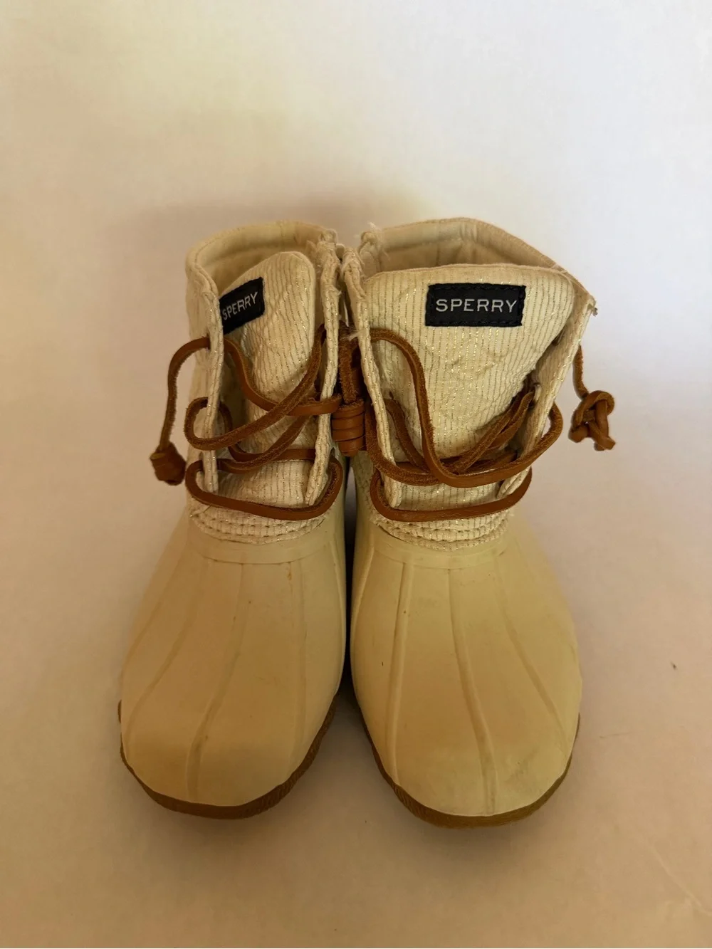 Sperry Kids Cream and Brown Lace Duck Boots